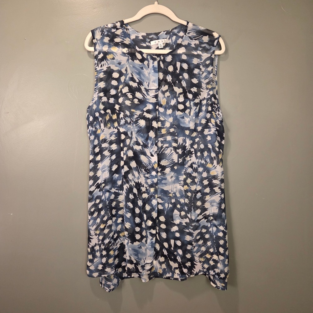 CAbi Women's Avery Longline Tunic Sleeveless Blouse Size XL Sheer Blue Multi